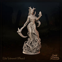Eilin Valewood 35mm resin miniature — front view showing horned fey sorceress rising from a base of coiled thorned vines, her left arm clad in natural armour trailing a skull-tipped scythe and her right hand raised holding a dark crystal shard, unpainted grey resin render by Great Grimoire