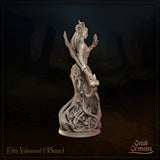Eilin Valewood 35mm resin miniature — three-quarter side view revealing the flowing vine-wrapped skirt, extended spell-casting arm with crystal shard, and layered root and branch detail on the sculpt's silhouette, unpainted grey resin render by Great Grimoire