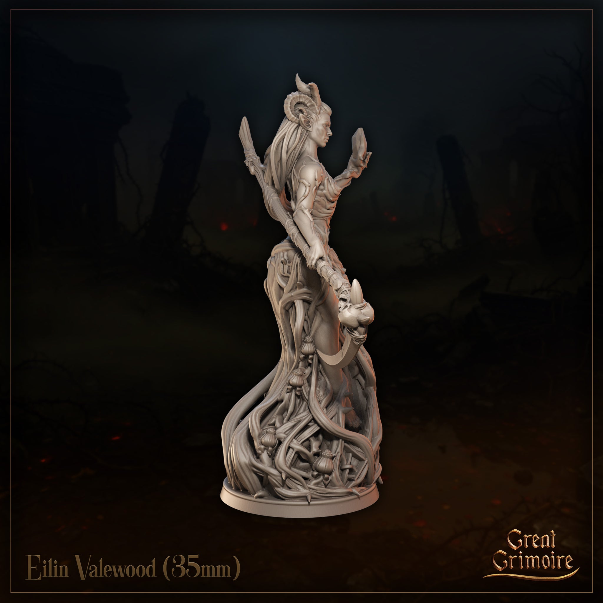 Eilin Valewood 35mm resin miniature — three-quarter side view revealing the flowing vine-wrapped skirt, extended spell-casting arm with crystal shard, and layered root and branch detail on the sculpt's silhouette, unpainted grey resin render by Great Grimoire
