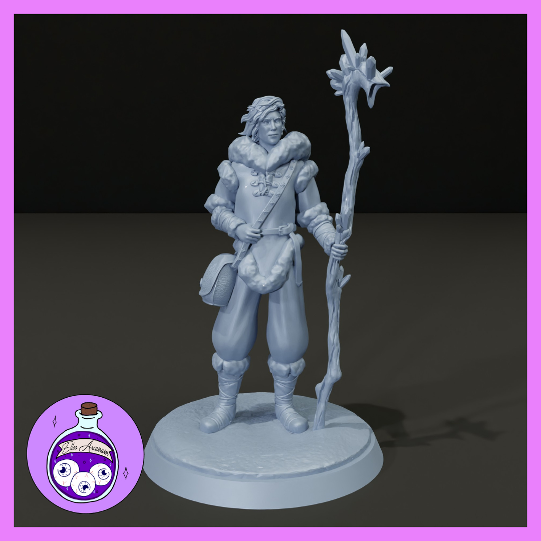 Unpainted grey resin digital render of an Eladrin male winter druid miniature at 32mm scale — standing in a composed pose wearing a heavy fur-trimmed coat and travelling clothes, holding a tall gnarled wooden staff topped with a crystalline frost formation in his right hand and resting his left on a satchel strap across his chest, with wind-tousled hair and a calm expression, mounted on a plain round base