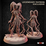Digital render of the Eldritch Jester miniature showing front and back views. She wears a triple-horned jester's cowl and layered motley skirt with a comedy mask at her waist. Tentacles curl from beneath her feet across a scenic base strewn with a skull. One hand is raised mid-gesture. Labelled as a Legendary Patron Exclusive by M3DM.