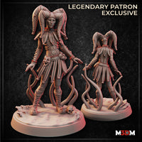 Digital render of the Eldritch Jester miniature showing front and back views. She wears a triple-horned jester's cowl and layered motley skirt with a comedy mask at her waist. Tentacles curl from beneath her feet across a scenic base strewn with a skull. One hand is raised mid-gesture. Labelled as a Legendary Patron Exclusive by M3DM.