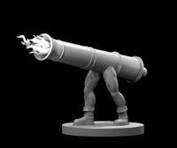 A cannon body with muscular human legs and laced boots, leaning forward aggressively with flames and fire effects bursting from the barrel muzzle. Sculpt by MZ4250.