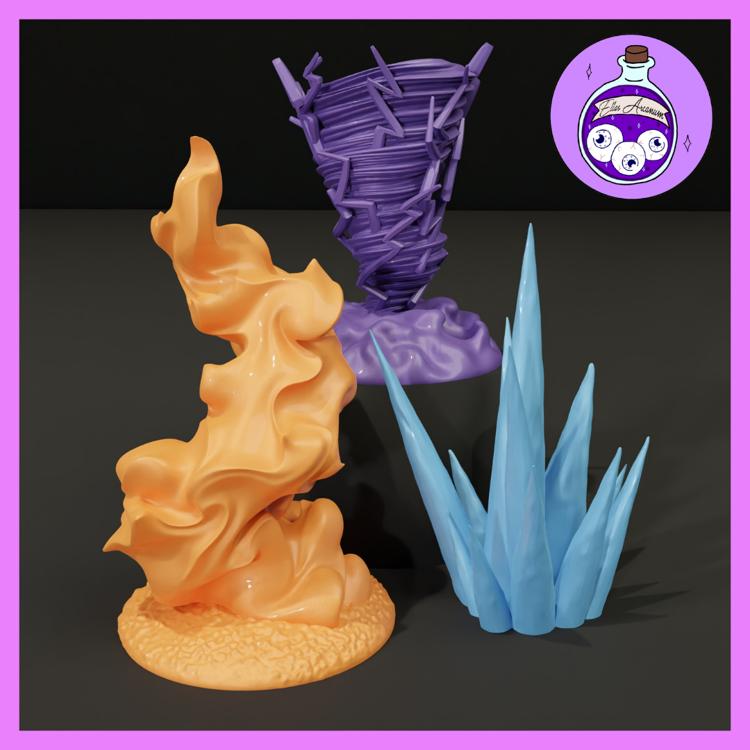 Three elemental spell effect scatter terrain pieces by Ella's Arcanum Minis: a large orange fire burst on a rocky base, a purple arcane tornado rising from a swirling cloud, and a cluster of pale blue ice spikes — all shown as digital renders in their base print colours