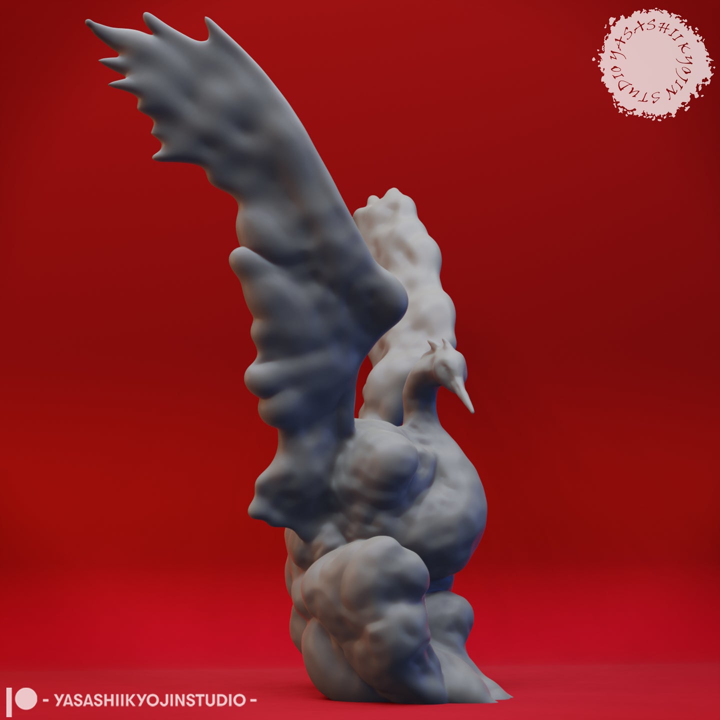 Side profile of an unpainted grey resin Air Elemental miniature showing the full height of one swept-back wing and the coiling cloud base, digital render by Yasashii Kyojin Studios