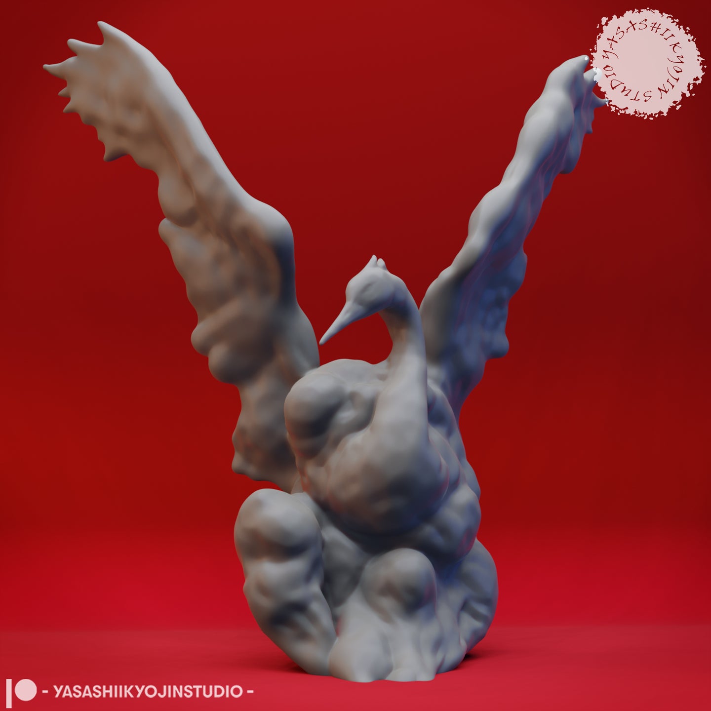 Front view of an unpainted grey resin Air Elemental miniature — a crane-headed creature with two large jagged wings spread wide, rising from a swirling mass of cloud-like coils, digital render by Yasashii Kyojin Studios