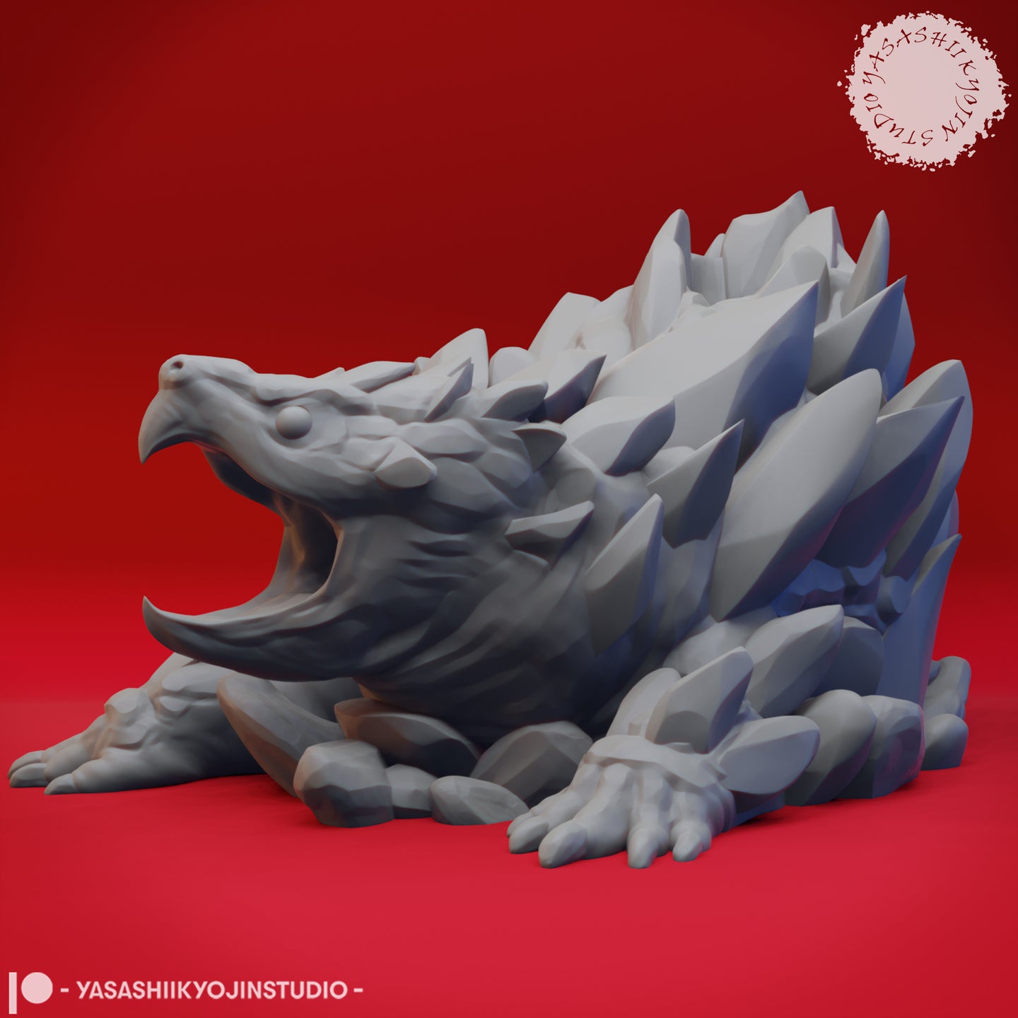 Digital render of an unpainted grey earth elemental miniature viewed from the front-left, showing a wide-open raptor beak, jagged stone plate armour across the back, and heavy clawed forelimbs braced against the ground