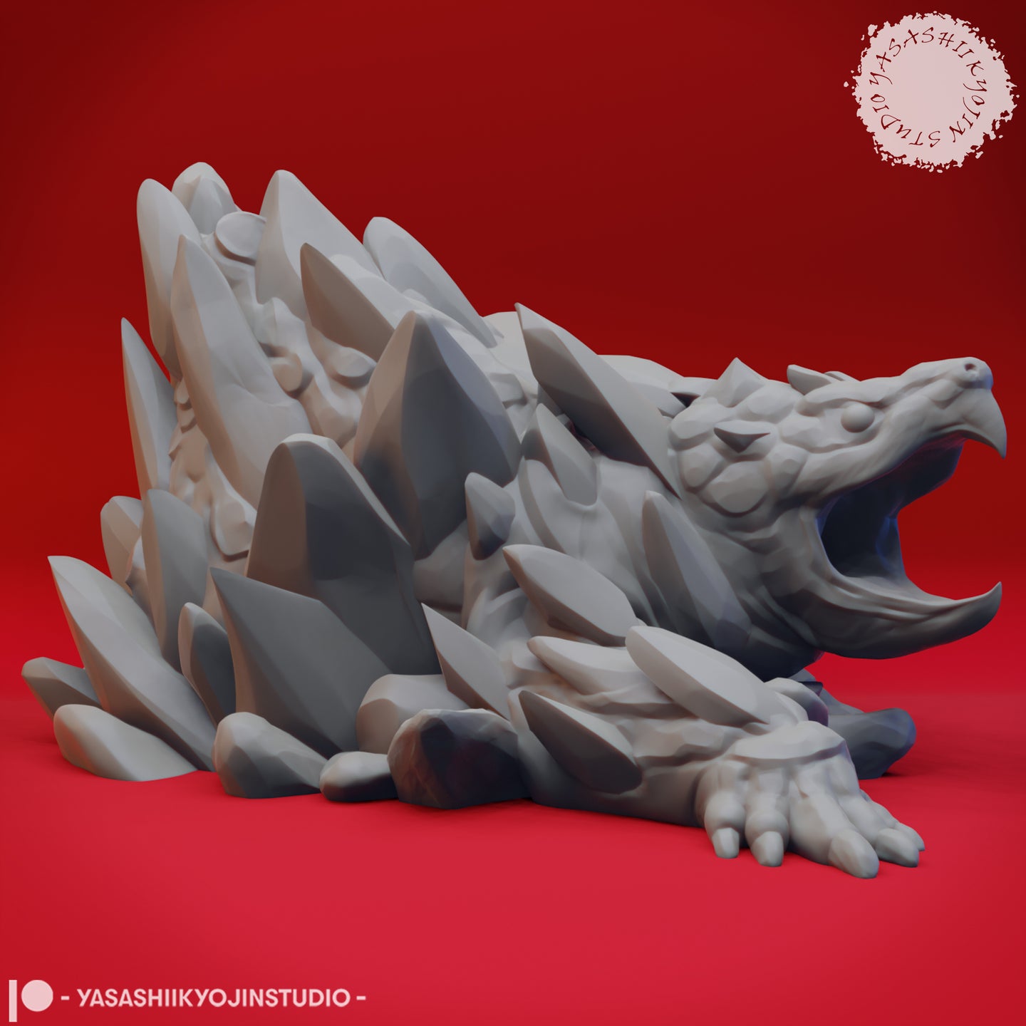 Digital render of an unpainted grey earth elemental miniature viewed from the right side, showing the full spread of layered stone spines along the back, open beak in profile, and four-toed clawed front foot