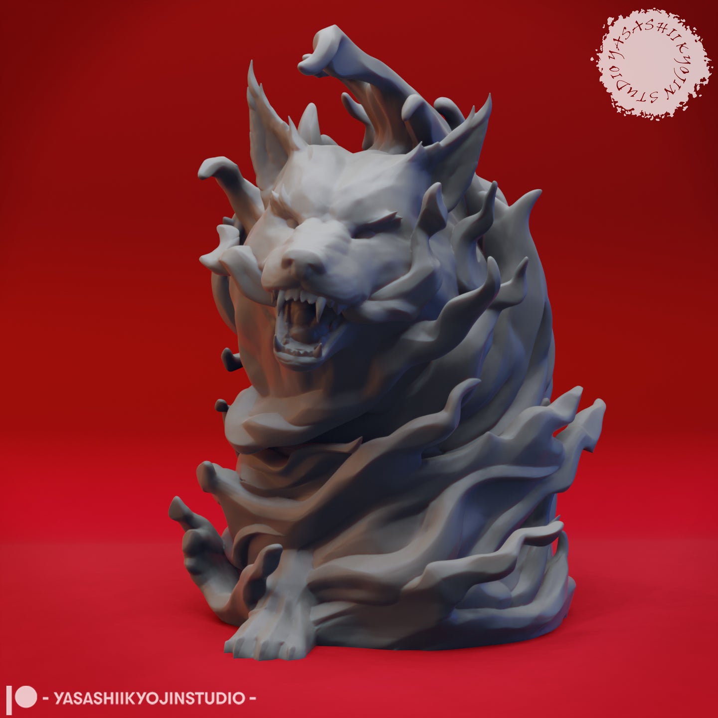 Front-facing digital render of an unpainted grey resin fire elemental miniature with a snarling wolf-like face and cascading flame tendrils erupting outward from its body, viewed from the front