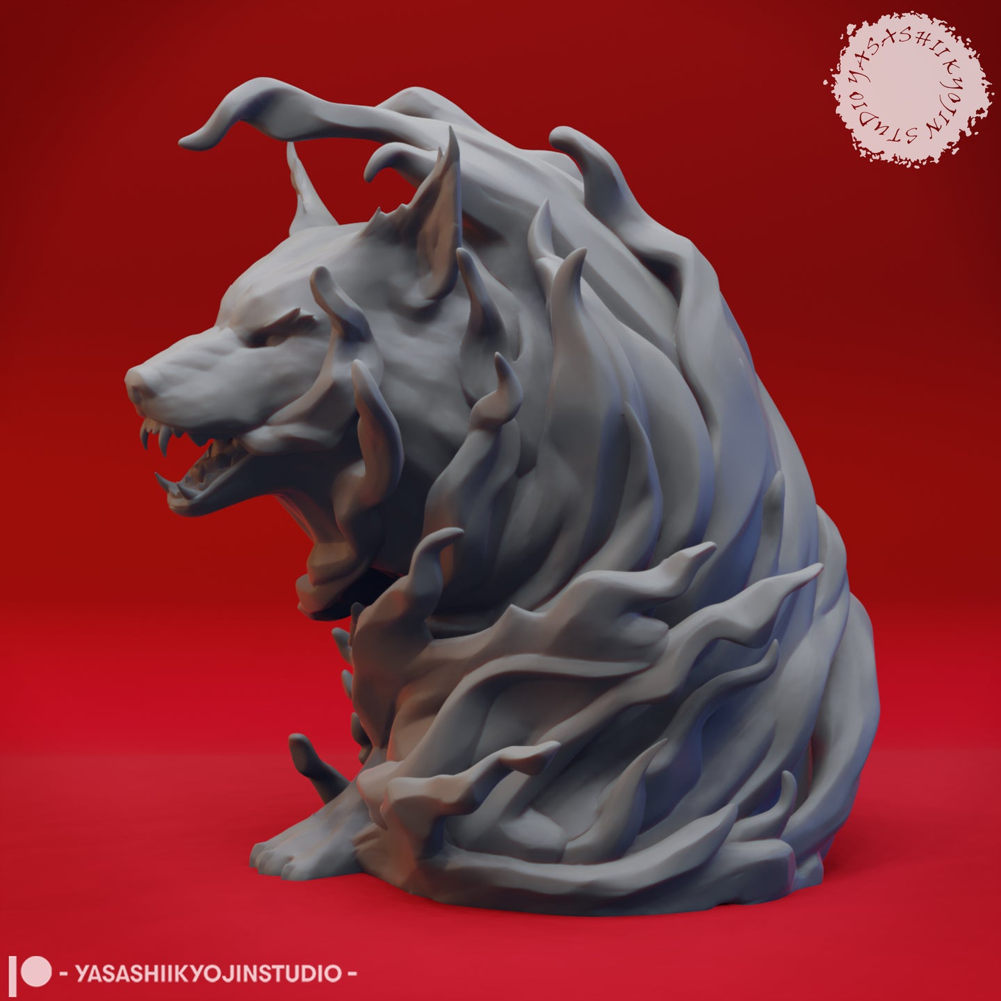 Side profile digital render of the same unpainted grey fire elemental miniature, showing the open-jawed wolf face and layered flowing elemental tendrils trailing behind it