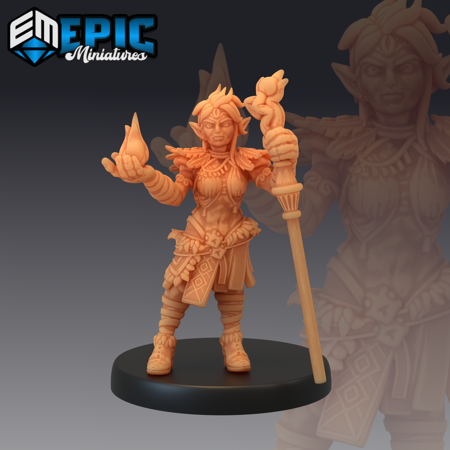 Unpainted resin miniature of a female elf druid at 32mm scale, holding a conjured flame in her right hand and an ornate flowering staff in her left, wearing feathered shoulder armour, bead necklace, and a decorated geometric sash, mounted on a round black base — sculpted by Epic Miniatures