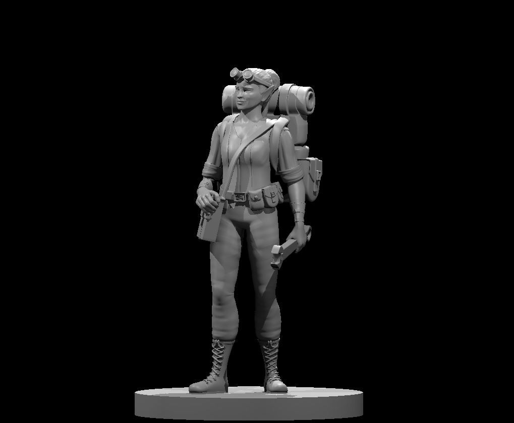 Grey resin 3D printed miniature of a female elf artificer in a relaxed standing pose, wearing aviator goggles pushed up on her head, an open jacket, utility belt with pouches, lace-up boots, and a large expedition pack on her back with rolled bedroll and mechanical attachments. She holds a compact sidearm in her right hand and a folded document in her left. Unpainted grey resin on a flat round base, shown against a black background.