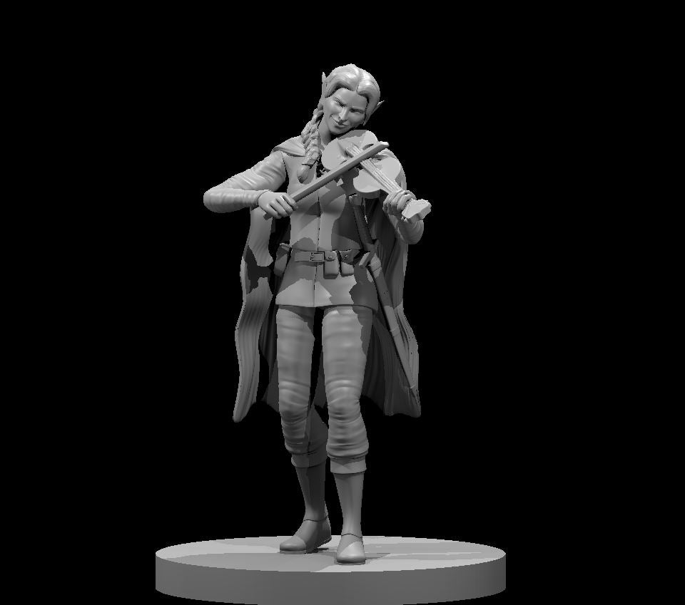 Unpainted grey resin digital render of a female elf bard miniature at 32mm scale, shown playing a violin with bow in hand, wearing a travelling cloak and belted tunic, with a braided hairstyle and a subtle smile, mounted on a round flat base