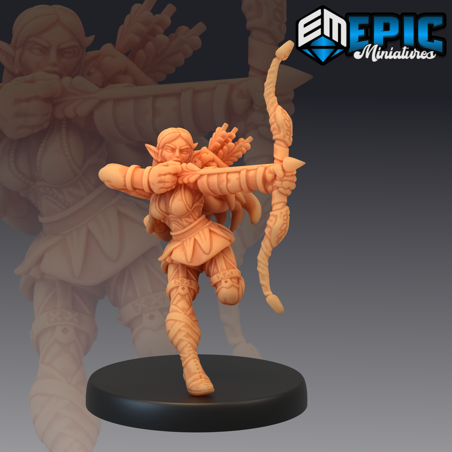 Unpainted 32mm resin miniature of a female elven ranger in a dynamic mid-stride pose, drawing a rune-carved longbow with an arrow nocked, wearing layered leather armour with wrapped bracers and greaves, quiver on her back, mounted on a plain round black base — sculpted by Epic Miniatures