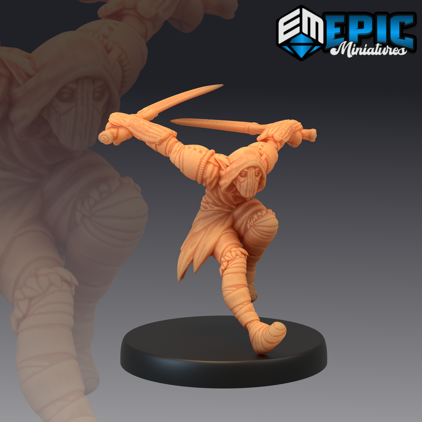 Unpainted resin miniature of a dual-wielding elf rogue in a dynamic leaping pose, wrapped in linen bandages with twin short swords raised, hooded face, on a round black base — 32mm scale by Epic Miniatures