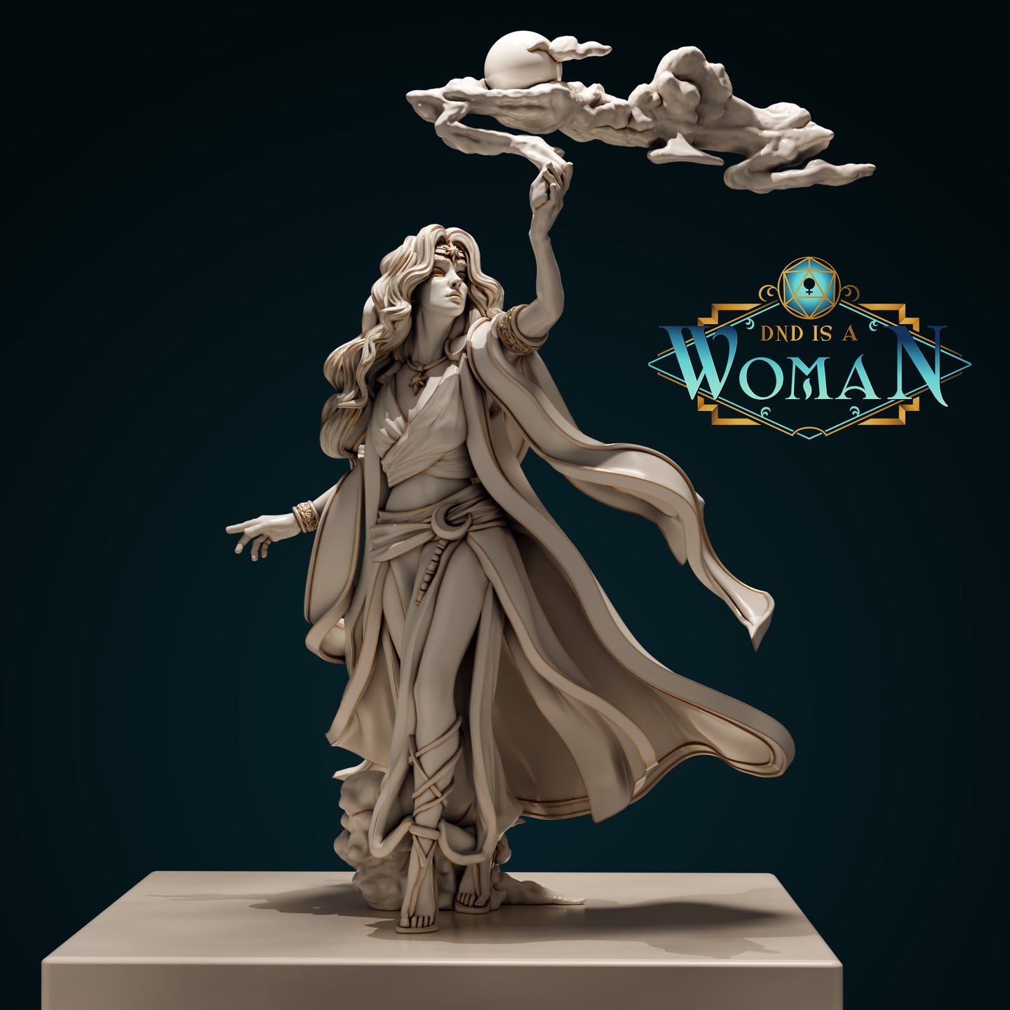 Elf druid Cilarien raising one arm overhead to hold swirling sculpted clouds with a central orb, robes and cloak billowing, long wavy hair, composed upward gaze. Sculpt by DnD Is A Woman.