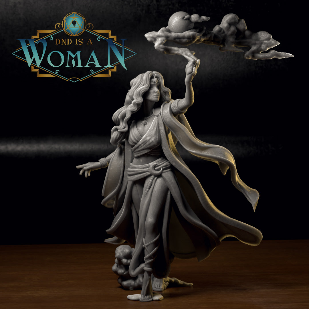 Grey resin print of elf druid Cilarien raising sculpted storm clouds overhead, flowing robes, extended free hand, and detailed sandalled feet on a small sculpted base. Sculpt by DnD Is A Woman.
