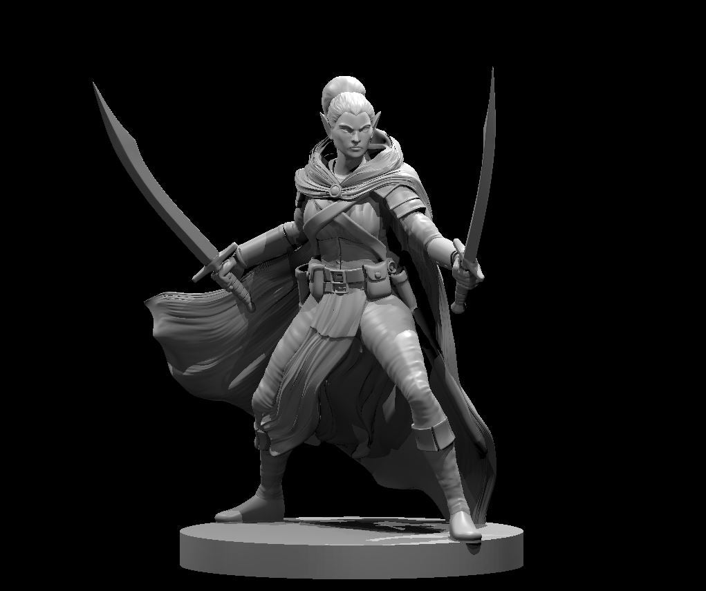 Female elf miniature in a wide combat stance, holding two long swords extended outward, wearing a belted jacket, tall boots, and a flowing cape pinned at the collar. Sculpt by MZ4250.