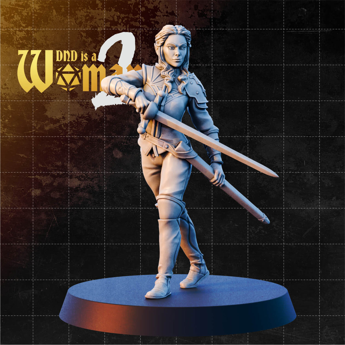 Elven female fighter gripping a longsword in a wide, low two-handed stance. Layered fitted armour with ornate chest detailing, loose hair, composed expression. Sculpt by DnD Is A Woman.