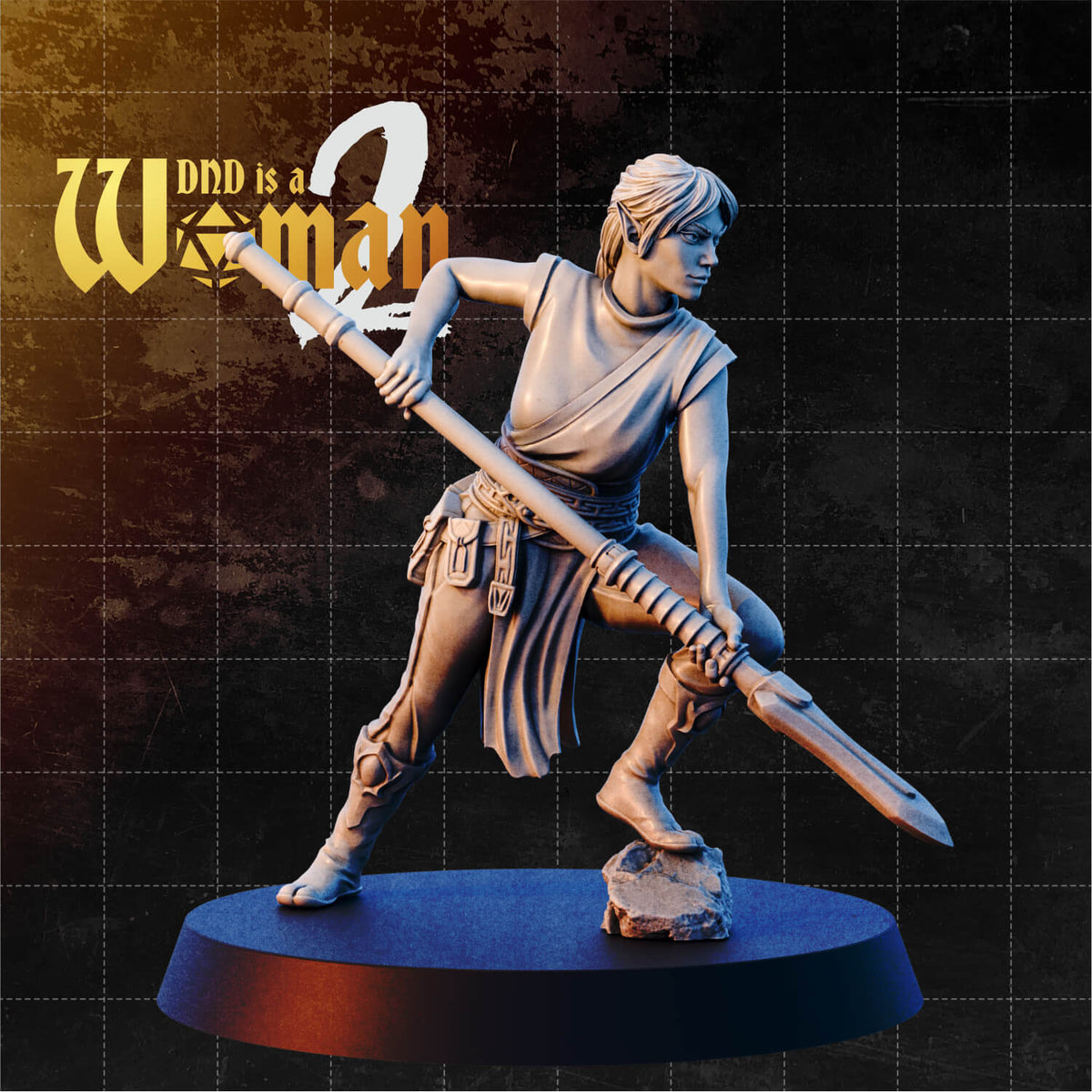 Elf female monk in a low combat stance gripping a long spear diagonally across her body, wearing a sleeveless tunic and fitted trousers, alert expression. Sculpt by DnD is a Woman.