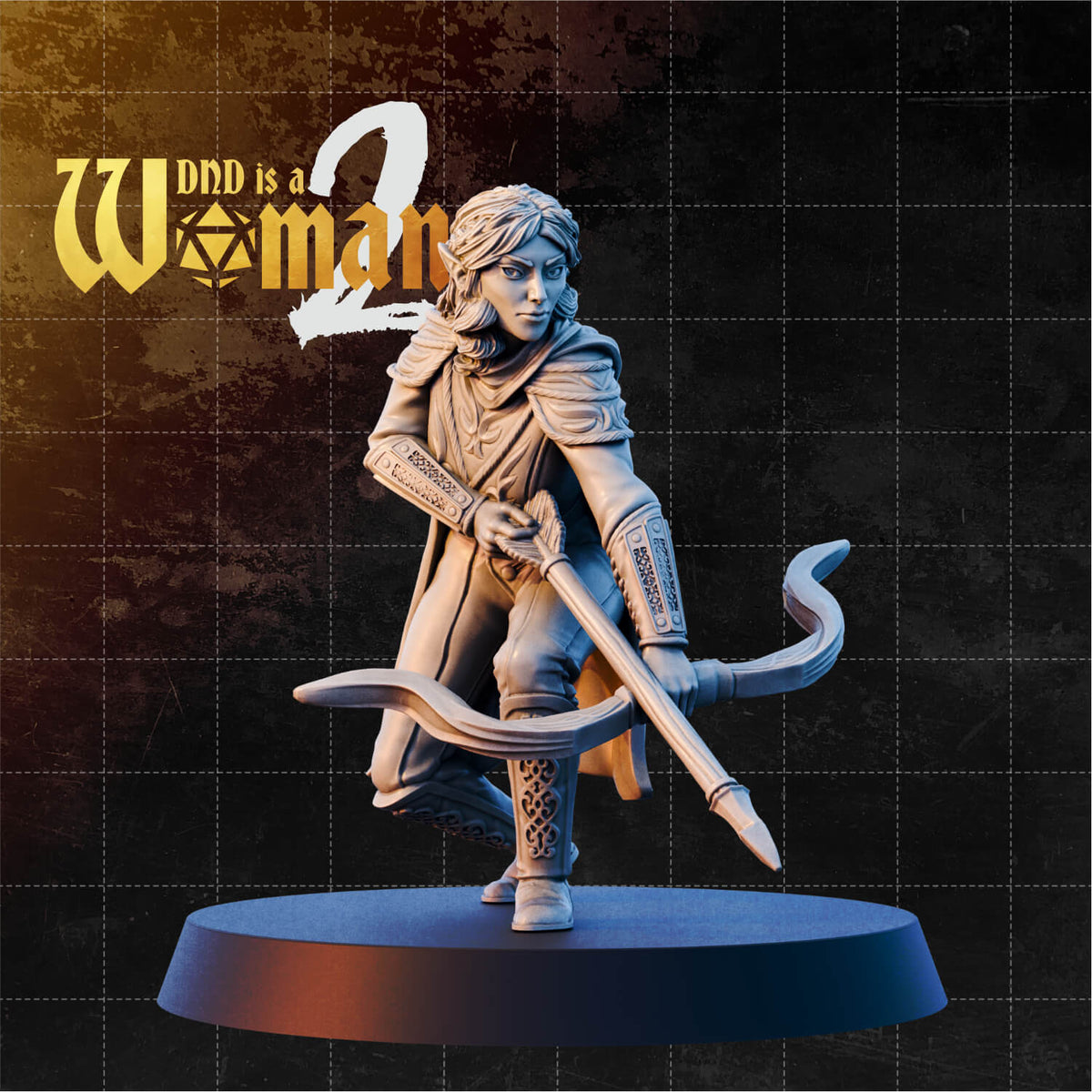 Female elf ranger gripping a longbow with both hands, braced in a forward stance, wearing a layered travel coat with capelet and ornate knotwork bracers. Sculpt by DnD Is A Woman.