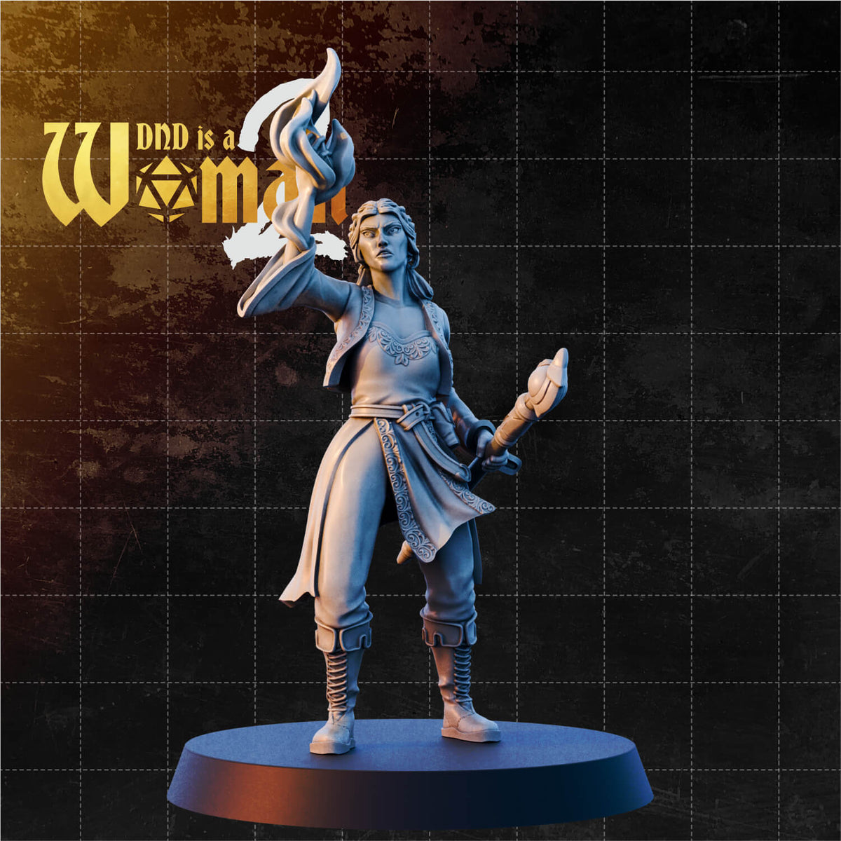 Female elf wizard standing upright, one hand raised with a flame conjured above the open palm, the other hand gripping a headed staff at her side. She wears embroidered robes over fitted trousers and laced boots, with a floral wreath in her loosely pinned hair. Sculpt by DnD is a Woman.