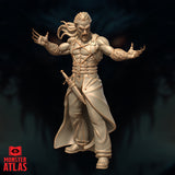 Front-facing 32mm unpainted resin miniature of Eli Tomorast, renegade archmage — bare-chested with leather harness straps, long flowing hair, demonic clawed hands with ornate arcane gauntlets, a longsword at his hip, and a dramatic open-armed snarling pose against a dark atmospheric background. Monster Atlas logo visible.