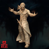 Three-quarter side view of the Eli Tomorast unpainted resin miniature showing the sweep of his coat panels, the lattice-etched filigree of his arcane gauntlets, long curved demonic claws, and his snarling expression in sharp sculpted detail. Monster Atlas logo visible.