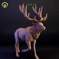 Digital render of an unpainted elk stag miniature — pose 2 — showing a mature bull elk mid-step with large sweeping antlers, a thick layered mane across the chest and shoulders, and detailed fur texture across the body. Dark background. No base.
