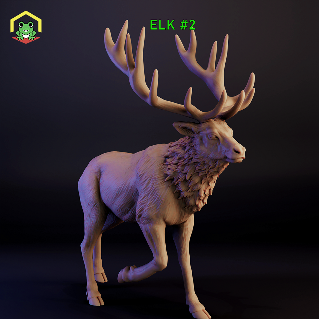 Digital render of an unpainted elk stag miniature — pose 2 — showing a mature bull elk mid-step with large sweeping antlers, a thick layered mane across the chest and shoulders, and detailed fur texture across the body. Dark background. No base.