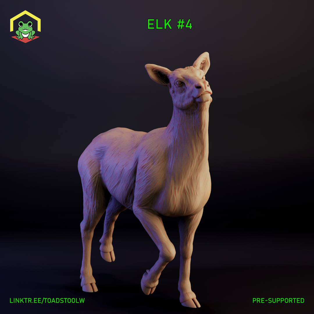 Digital render of an unpainted Elk #4 miniature by The Toadstool Weaver — a young hind mid-stride with one foreleg raised and her head tilted upward, fur texture rendered in fine detail, displayed against a dark background