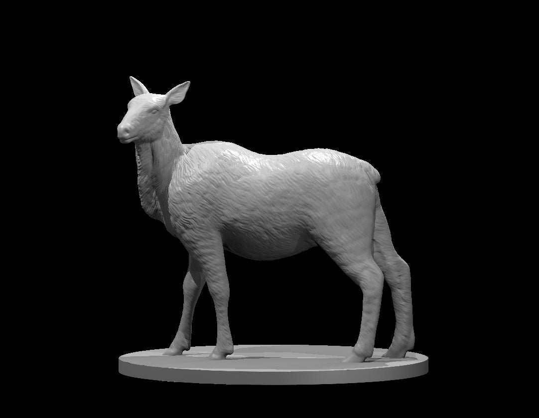 Elk cow miniature standing in an alert, head-raised pose with ears pricked forward. Detailed fur texture across the body, long slender legs, oval base. Sculpt by MZ4250.