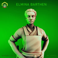 Digital render of Elmina Barthen, a 32mm NPC miniature by The Toadstool Weaver. She stands with both hands on her hips, wearing a practical work apron over a simple tunic with rolled sleeves. Her hair is swept neatly back and her expression is composed and assessing. Unpainted grey resin render against a green background.