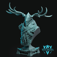 Antlered greathelm bust of a warrior in layered plate armour wrapped in thorned cloth, broad stag antlers rising from the pointed closed helm, on a rugged sculpted base. Sculpt by Witchsong Miniatures.