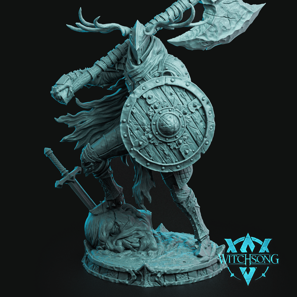 Armoured warrior mid-charge, raising a massive two-handed axe overhead while bracing a large round wooden shield. Antlered great helm, billowing tattered cloak, standing atop a defeated foe on a rune-edged scenic base. Sculpt by Witchsong Miniatures.