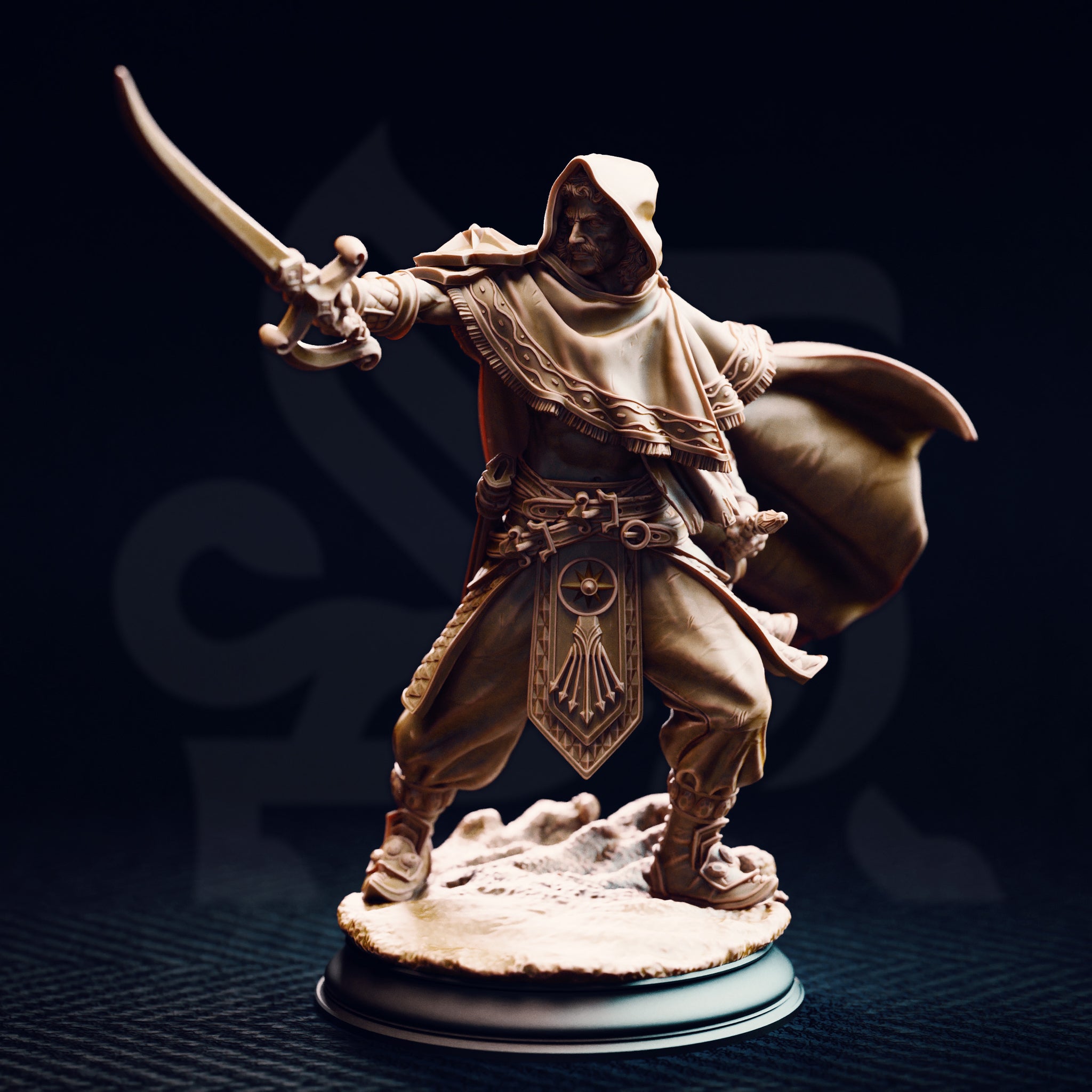 Elwahid Sword of the Sands miniature front view — unpainted resin desert elf in a deep hood, mid-lunge with curved blade extended, detailed carved tabard with sun emblem, on a round rocky base against a dark background.