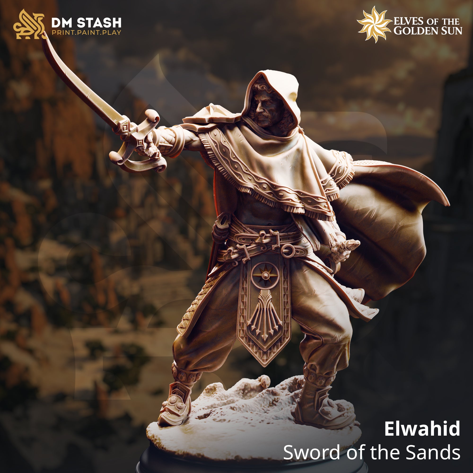 Elwahid Sword of the Sands 32mm resin miniature — unpainted, hooded desert elf warrior lunging forward with a curved scimitar, wearing layered robes with an embossed sun medallion tabard and a billowing cloak, on a rocky desert base. Canyon backdrop with DM Stash and Elves of the Golden Sun branding visible.