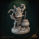 Digital render of Epicurus Void miniature at 35mm scale — a grotesque bloated ogre-like spellcaster clutching an open tome in one hand and raising a clawed arm aloft, with two anguished spectral figures erupting from his back. A bubbling cauldron stands to his right and the base is strewn with sculpted skulls.