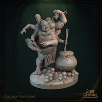Digital render of Epicurus Void miniature at 35mm scale — a grotesque bloated ogre-like spellcaster clutching an open tome in one hand and raising a clawed arm aloft, with two anguished spectral figures erupting from his back. A bubbling cauldron stands to his right and the base is strewn with sculpted skulls.