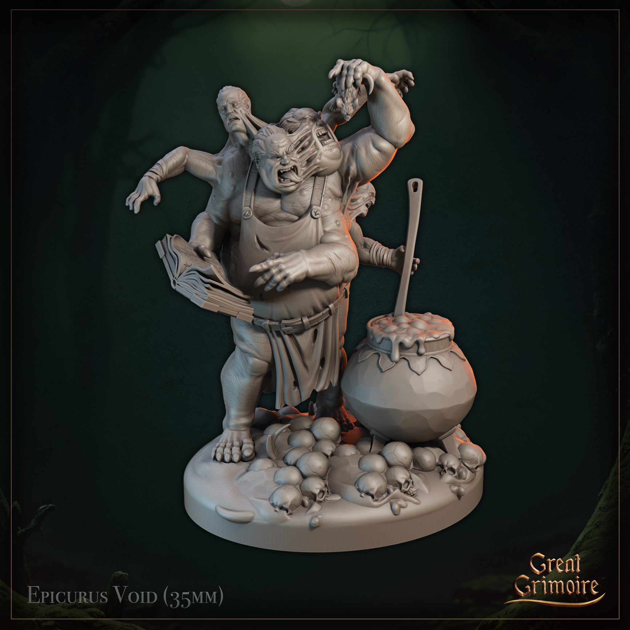 Digital render of Epicurus Void miniature at 35mm scale — a grotesque bloated ogre-like spellcaster clutching an open tome in one hand and raising a clawed arm aloft, with two anguished spectral figures erupting from his back. A bubbling cauldron stands to his right and the base is strewn with sculpted skulls.