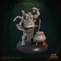 Front-facing digital render of Epicurus Void on a plain dark round base — showing the full detail of the open spellbook, distended flesh, and the two writhing spirits fused to the creature's body, with the cauldron beside him.