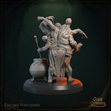 Rear three-quarter digital render of Epicurus Void revealing the back detail — two figures fused into the creature's bulk, one raising a clawed hand overhead and one with long hair reaching outward, with finely sculpted skin texture and the cauldron visible to the left.