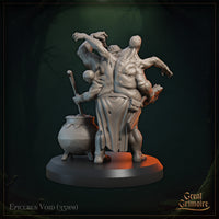 Rear three-quarter digital render of Epicurus Void revealing the back detail — two figures fused into the creature's bulk, one raising a clawed hand overhead and one with long hair reaching outward, with finely sculpted skin texture and the cauldron visible to the left.