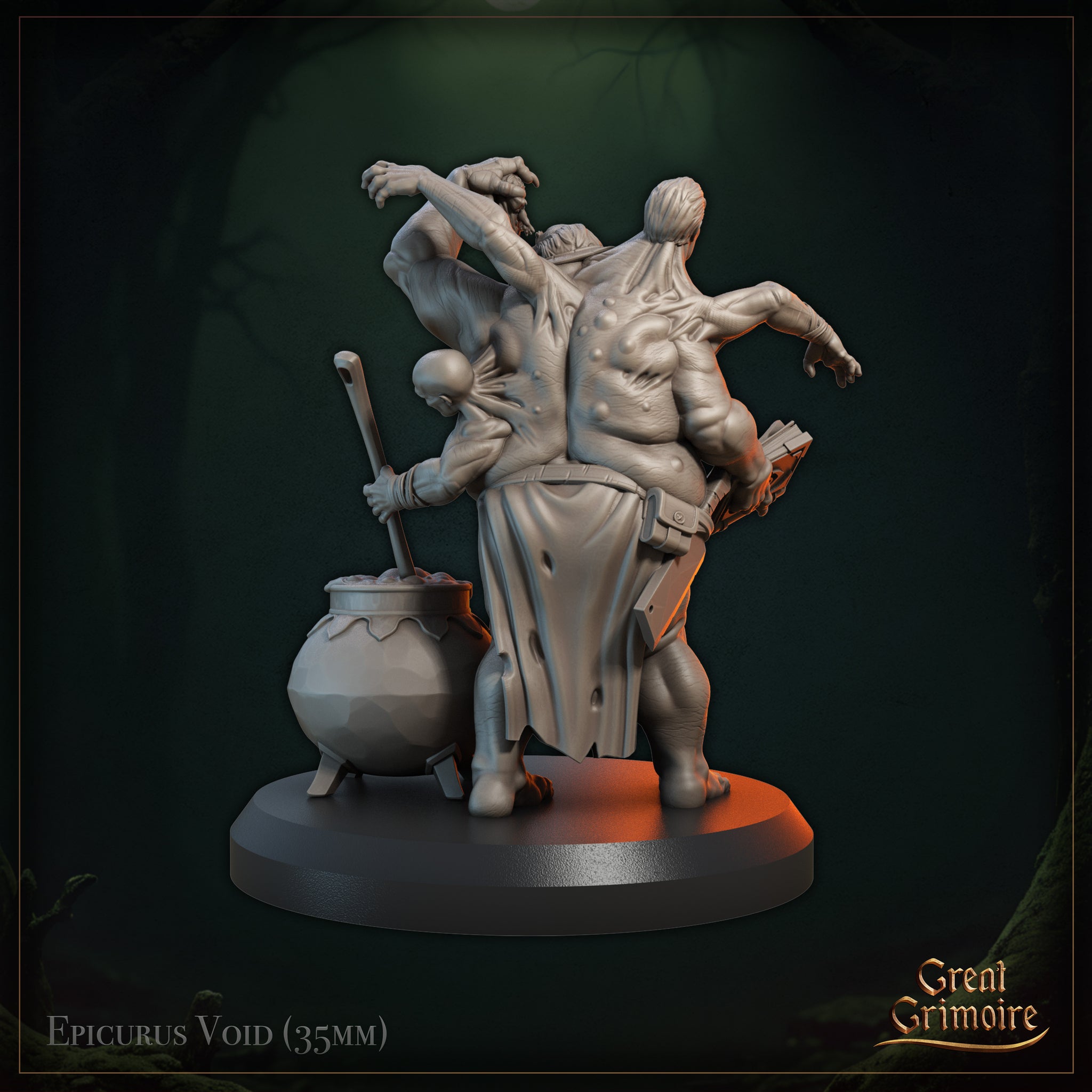 Rear three-quarter digital render of Epicurus Void revealing the back detail — two figures fused into the creature's bulk, one raising a clawed hand overhead and one with long hair reaching outward, with finely sculpted skin texture and the cauldron visible to the left.