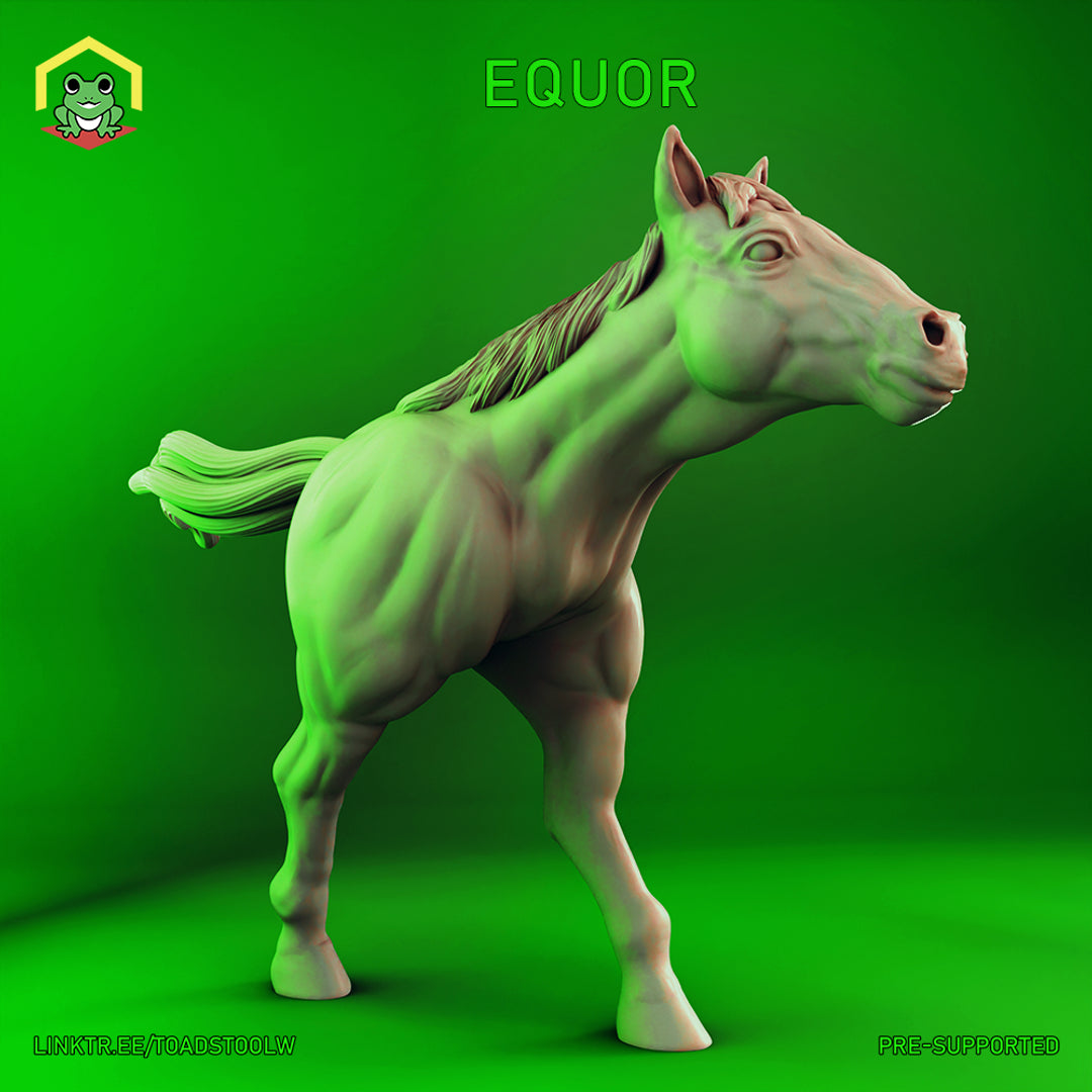 Equor miniature by The Toadstool Weaver — a heavily muscled horse creature standing alert, head turned to one side with mouth slightly open, flowing mane and tail, powerful haunched legs.