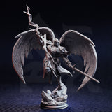 Unpainted grey resin miniature of Erdrydion angel warrior from the front — ornate winged plate armour, great feathered wings extended wide, rocky outcrop base, 32mm scale tabletop miniature.