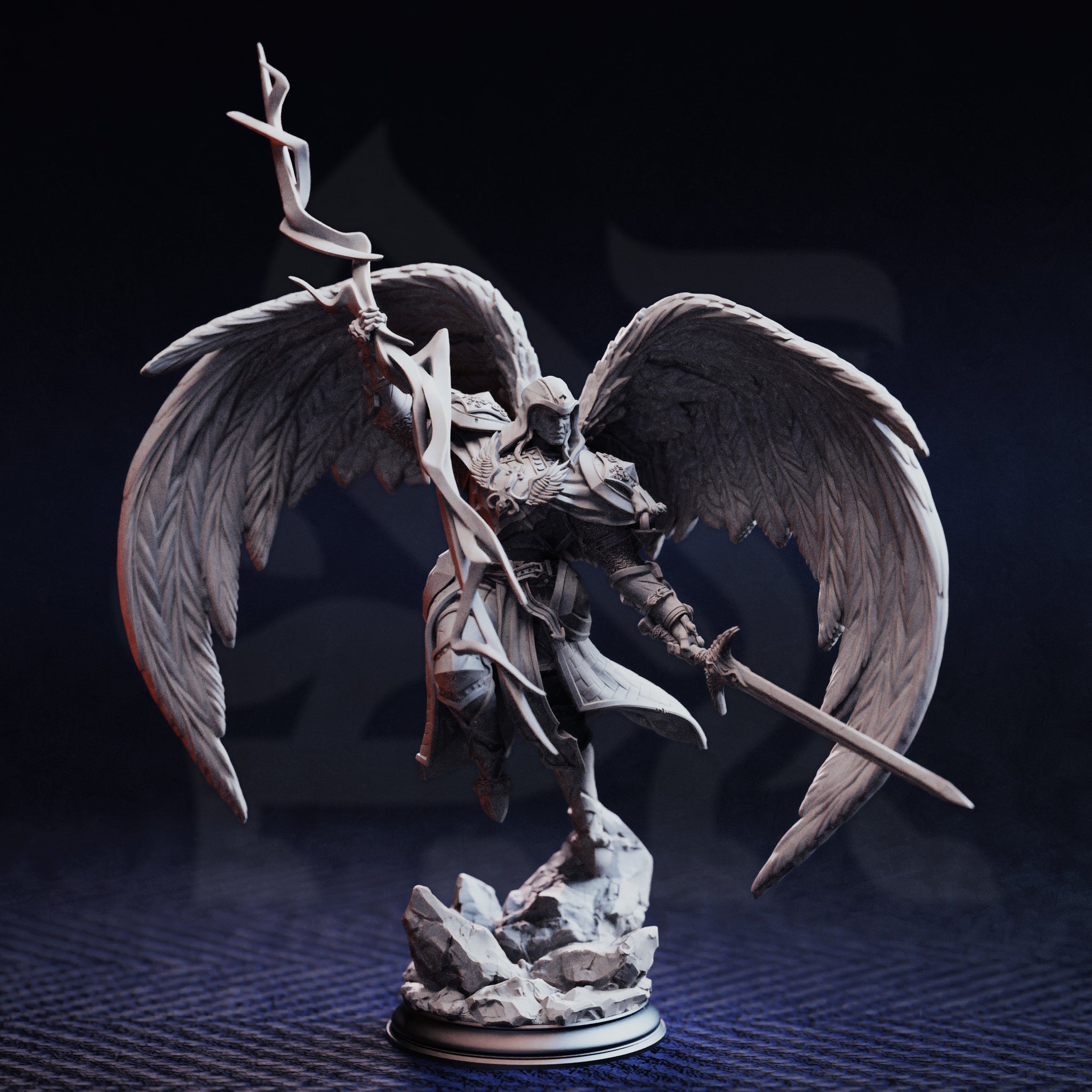 Unpainted grey resin miniature of Erdrydion angel warrior from the front — ornate winged plate armour, great feathered wings extended wide, rocky outcrop base, 32mm scale tabletop miniature.