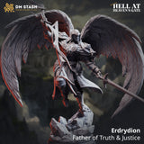 Digital render of Erdrydion Father of Truth and Justice angel warrior miniature — unpainted grey resin, wings fully spread, raising a twisted divine sceptre overhead and holding a longsword at his side, standing on a rocky base. DM Stash Hell at Heaven's Gate branding visible.
