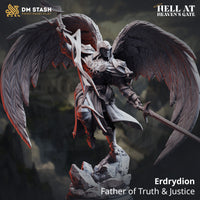 Digital render of Erdrydion Father of Truth and Justice angel warrior miniature — unpainted grey resin, wings fully spread, raising a twisted divine sceptre overhead and holding a longsword at his side, standing on a rocky base. DM Stash Hell at Heaven's Gate branding visible.