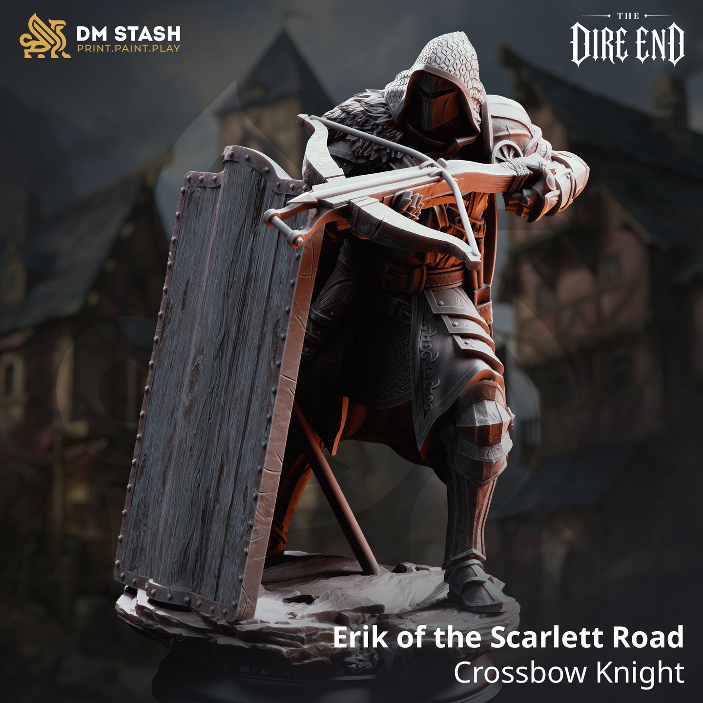 Erik of the Scarlett Road crossbow knight miniature, hooded and masked, crouching with crossbow aimed, armoured in layered plate with a flowing cloak. Scenic rubble base. Sculpt by DM Stash.
